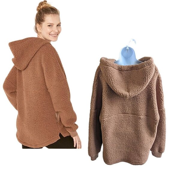 PINK VICTORIA'S SECRET Beige Recycled Polyester Varsity Sherpa Hoodie Size M - Picture 9 of 9